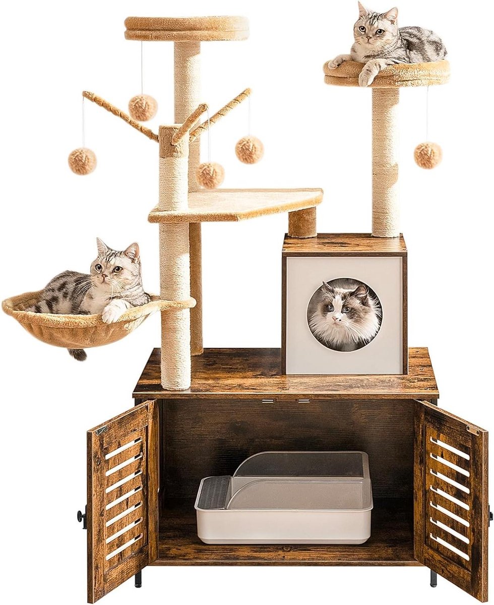 Krabpaal, Kattenboom met Kattenbak, 2-in-1 Moderne Kattentoren, Krabpalen, Baars, Wasbare Kussens, Vintagebruin