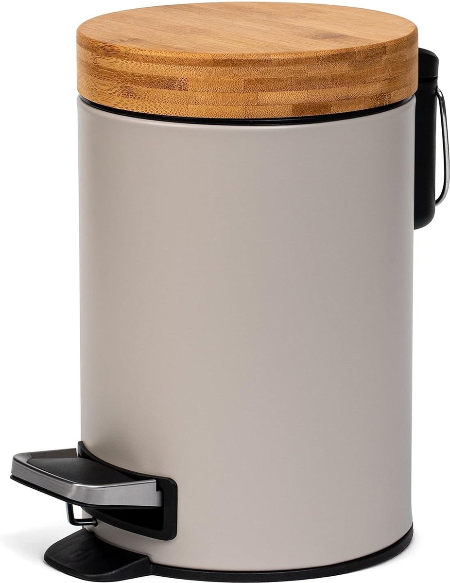 Goedkoopste Prullenbak 3 Liters Designer Badkameremmer - Superieure Bamboe - Zachtsluitend - Anti-Vinger - Taupe (Licht