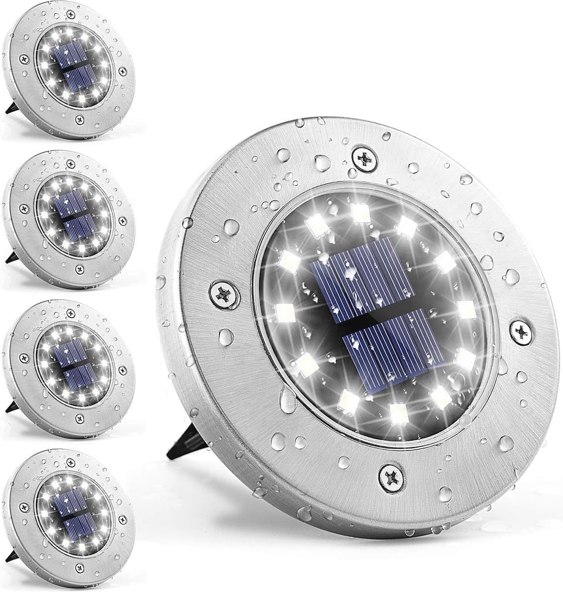 Vloerlamp op zonne-energie met 12 LED's - 4 stuks - Tuinverlichting - Roestvrij staal - Waterdicht - Voor buiten, tuin, terras en looppaden
