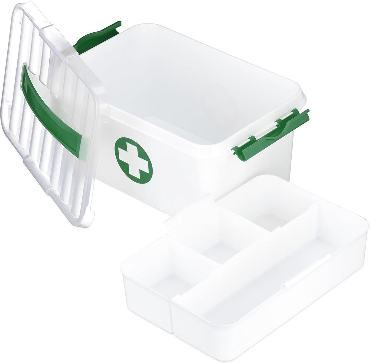 Goedkoopste Verbanddoos 5 vakken EHBO koffer huisapotheek kunststof leeg - 145x30x20 cm - wit/groen