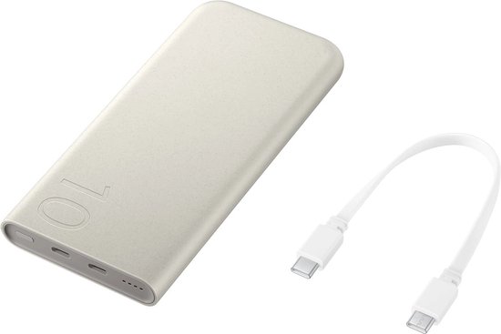 Crème powerbank met '10' logo en witte USB-C kabel.