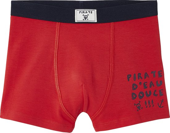 Rode boxers met donkerblauwe band en de tekst "PIRATE D'EAU DOUCE" met piratensymbolen.