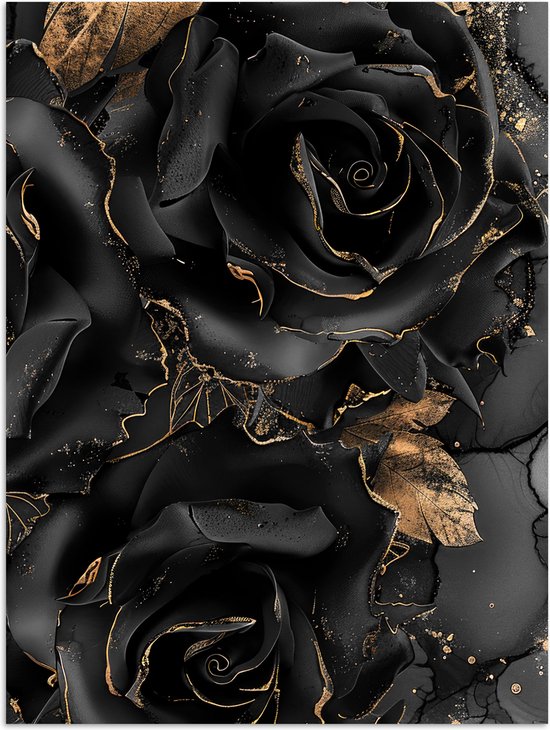Affiche 30x40 cm - Roses - Zwart - Fleurs - Goud - Posters - Décoration chambre - Décoration murale salon - Décoration murale chambre