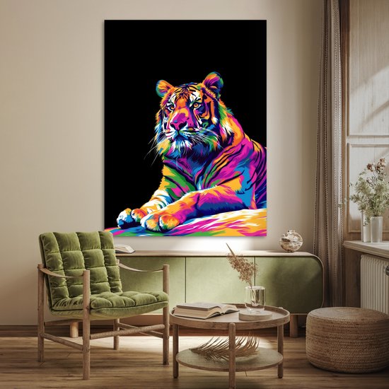 PosterMonkey Posters - Tijger kleurrijk neon - Zwarte achtergrond