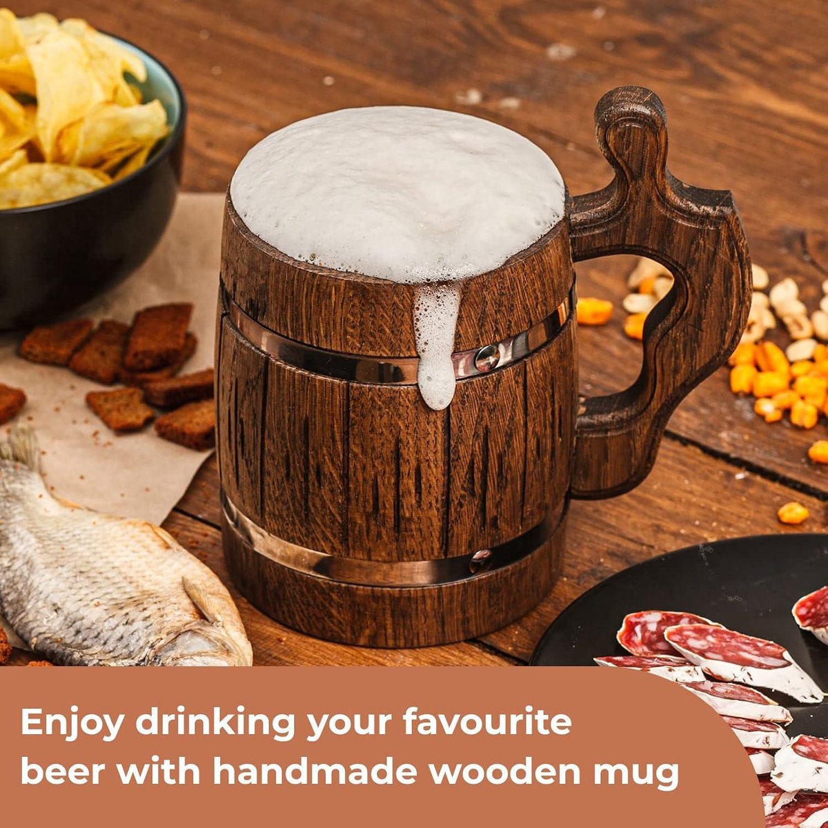 Handgemaakte Bierpul Van Eikenhout RVS Mok Natuurlijk Milieuvriendelij 0 6 Liter 20 Ounces Mok Retro Bruin