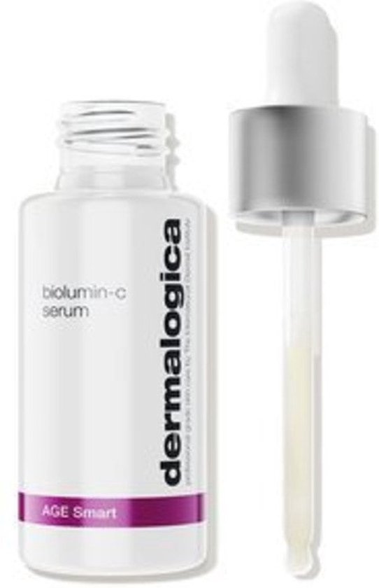 Witte Dermalogica fles met druppelaar ernaast. De fles heeft 'biolumin-c serum' en 'AGE Smart'.