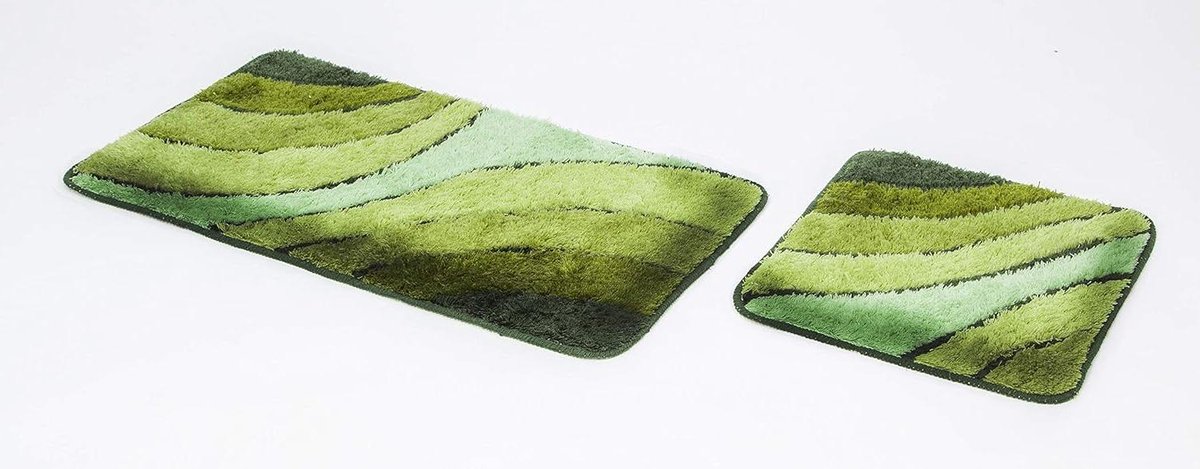 Groene badmat set - Wave design - 2-delig - antislip - 50 x 45 cm WC-mat - 50 x 90 cm Badmat - Tapijt voor Badkamer