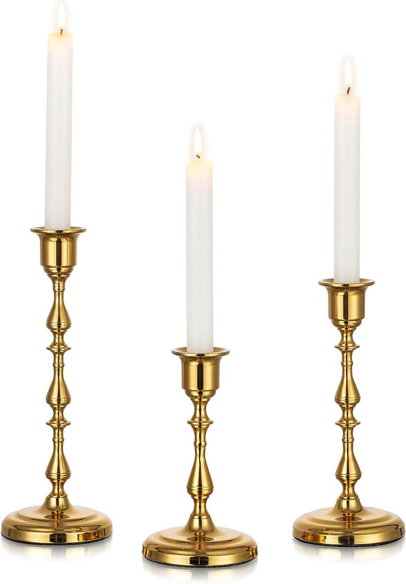 Set van 3 gouden metalen conische kandelaarhouders - vintage kaarsenhouder voor tafel middelpunt - bruiloft kerst woondecoratie - past op kaarsen met diameter van 2”