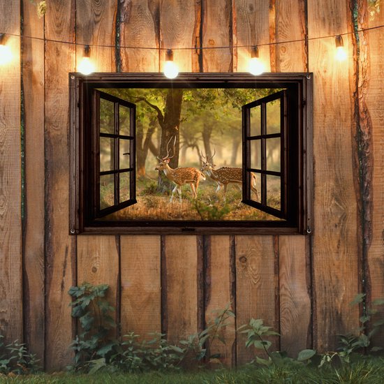 Tuinposter 120x80 cm - Tuindecoratie Herten - Bos - Herfst - Bosdieren - Natuur - Hert - Doorkijk - Poster voor in de tuin - Buiten decoratie - Schutting tuinschilderij - Tuindoek muurdecoratie - Wanddecoratie balkondoek
