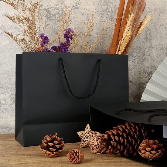 Zwarte geschenkzakjes met roségouden lint - 8 stuks - 30 x 20 x 10 cm