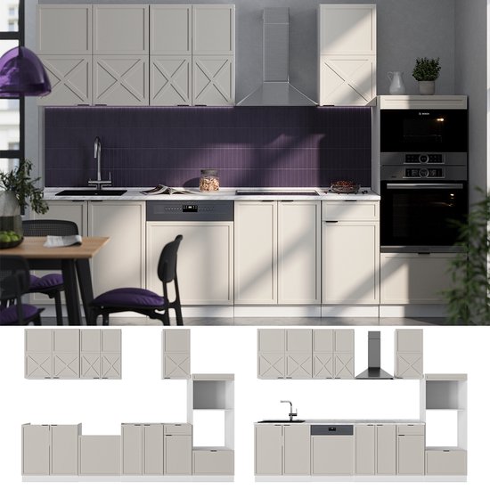 Vicco Fame- Line Cuisine complète – 300 cm avec armoire haute, sans plan de travail Grijs/beige/blanc