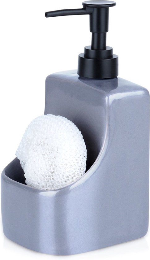 WENKO Zwarte afwasmiddeldispenser Festival Stone, navulbare zeepdispenser in steenlook van hoogwaardig kunsthars voor in de keuken, extra vak voor de afwasspons, inhoud 380 ml, 10,5 × 18 × 11 cm