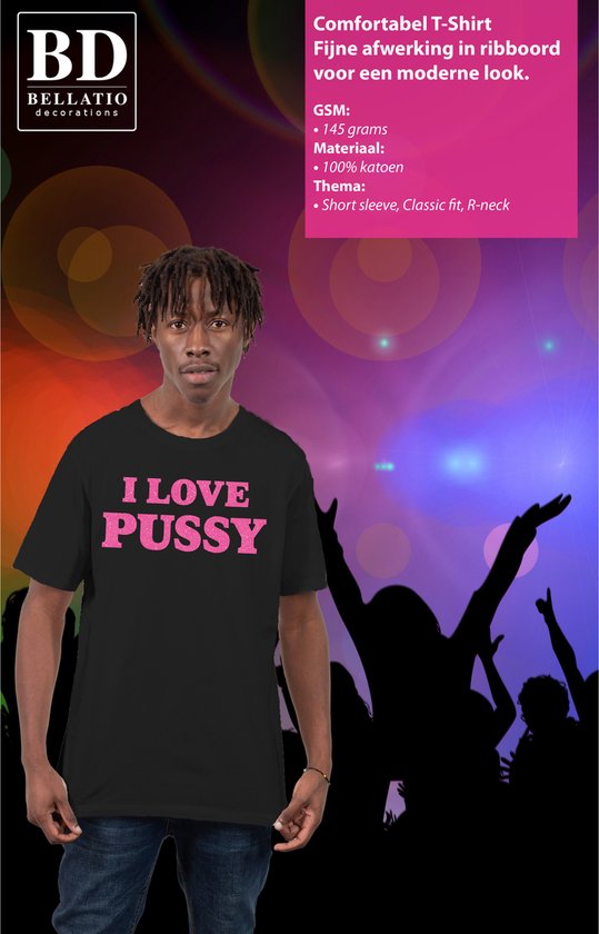 Bellatio Decorations Foute party t-shirt heren - I love Pussy - zwart - glitter roze - themafeest S