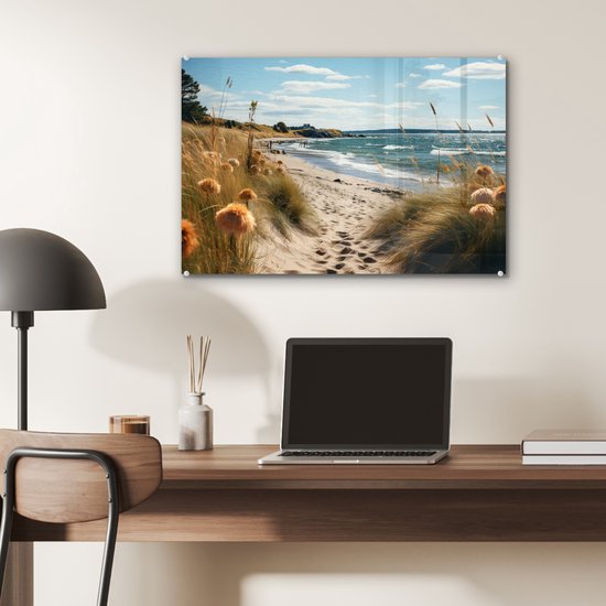 MuchoWow® Glasschilderij 60x40 cm - Schilderij acrylglas - Strand - Duinen - Helmgras - Zee - Zand - Foto op glas - Muurdecoratie woonkamer - Wanddecoratie slaapkamer - Schilderijen
