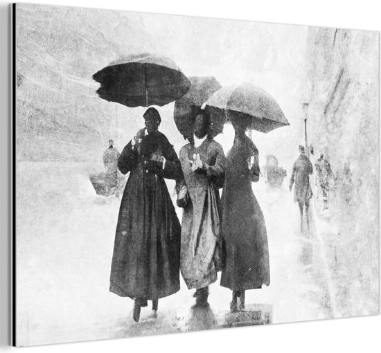 Tableau aluminium 150x100 cm - Décoration murale métal - Femmes - Parapluie - Zwart et blanc - Rue - Décoration murale métal salon - Décoration industrielle - Photo sur dibond - Accessoires industriels chambre