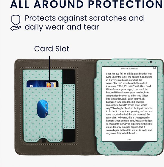 kwmobile e-reader hoesje geschikt voor Kobo Clara BW / Colour hoes - E reader flip case van kunstleer - Ereader cover met stand - Slapende Uil design in turquoise / bruin / mintgroen van Merkloos — afbeelding 2