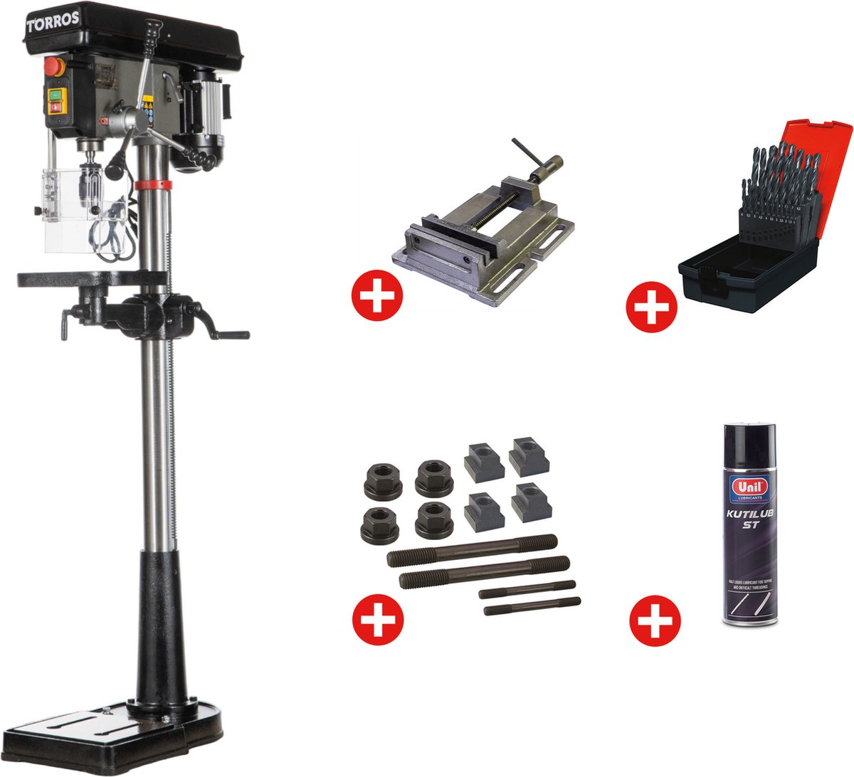 Professionele kolomboormachine boren tot ø 20 mm MK2 600W 230V + boorklem set spanbouten set boren 1-13 mm spuitbus Torros DF20M PACK