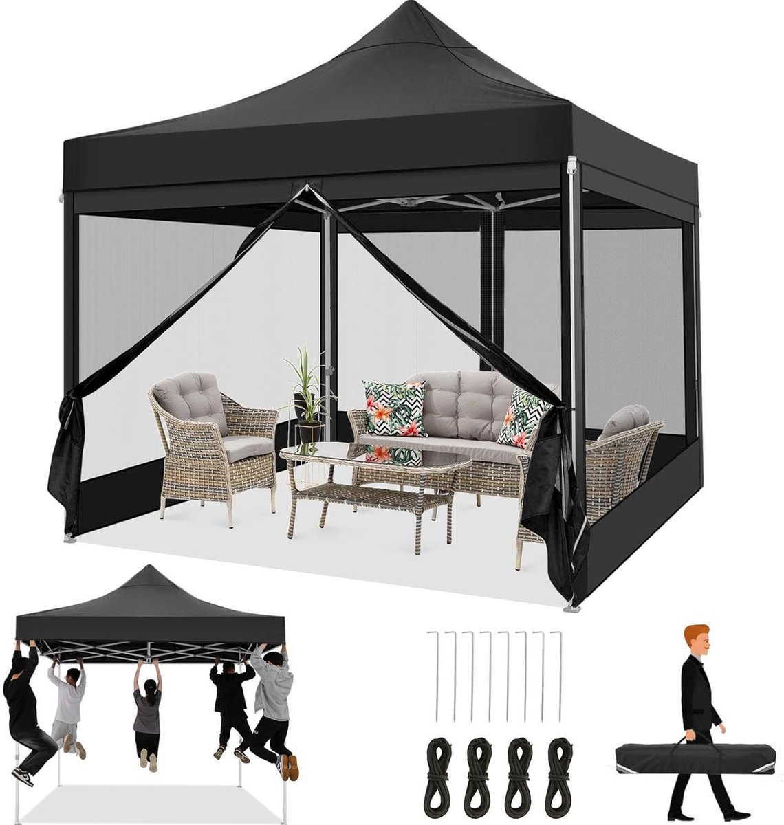 JGS® - Opvouwbare Tuinpaviljoen 3x3m Waterdicht en Stevig met 4 Net Zijwanden en UV-Bescherming, Zwart-