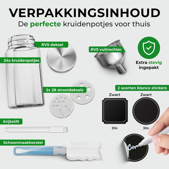 Inhoud van de verpakking: 24 glazen kruidenpotjes, 2 sets strooideksels, RVS deksels, trechter, krijtstift, borstel en blanco stickers.