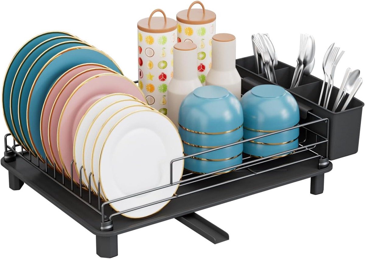 Goedkoopste Eenlaags afdruiprek met lekbak en spiraalmondstuk - serviesafdruiprek met bestekhouder - praktisch afdruiprek met afneembare houder afdruiprek met lekbak inklapbaar