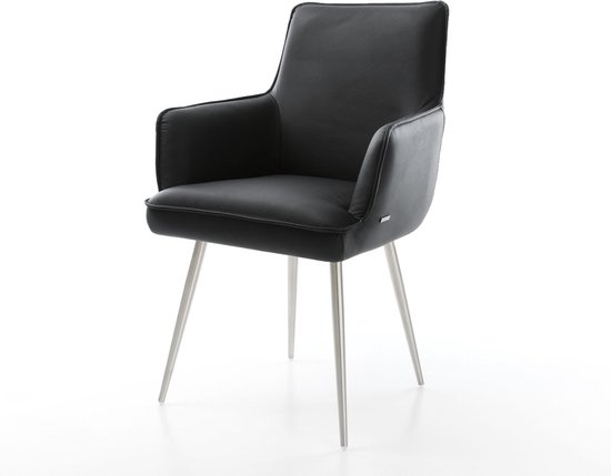 Chaise rembourrée Heira- Flex avec accoudoirs 4 pieds coniques en acier inoxydable cuir véritable noyau à ressorts ensachés noir