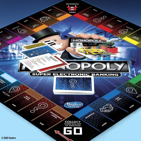 Monopoly Super Elektronisch Bankieren speelbord met meneer Monopoly, een gele auto en een geldautomaat.