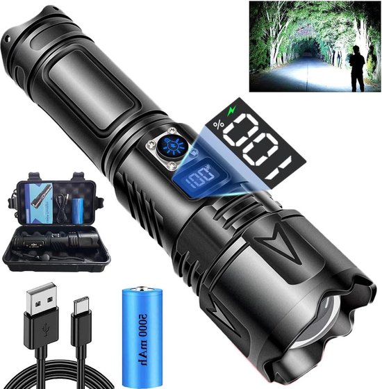 PEAKRO Oplaadbare zaklamp, LED Super Heldere 90000 Lumen, High Power 5000mAh Batterij Aangedreven USB, Krachtige Zaklamp IP65 Waterdichte Zoomable Zaklamp voor Outdoor Camping Emergency