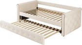 Merax Gestoffeerd Kinderbed 90x200 cm - Slaapbank met extra Uitschuifbaar Bed - Bedbank - Beige