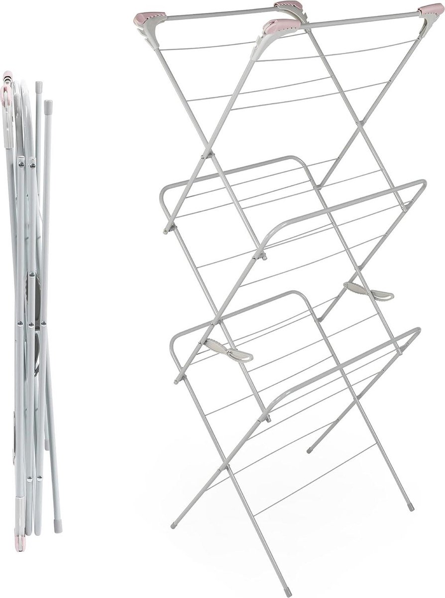 Goedkoopste Wasrek Three-Tier Clothes Airer Drying Rack - Pink/Grey - 15 Metre Drying Space - Ideal For Hangers - Indoor & Outdoor Drying