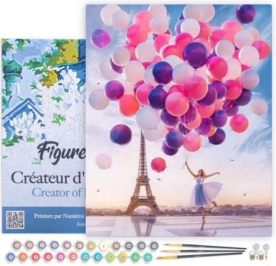 Figured' Art Peinture par numéros Adultes avec cadre – Lâcher de Ballons à Paris – Kit de peinture acrylique DIY complet – Toile 40 x 50 cm déjà encadrée