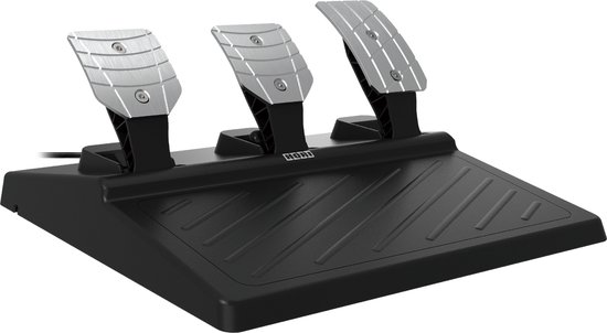 Zwarte Hori pedaalset met drie metalen pedalen op een zwarte basis, op witte achtergrond.