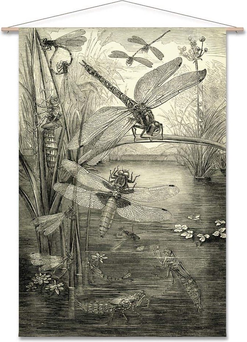 Wanddoek Gravure met libellen (zonder houten stokken)