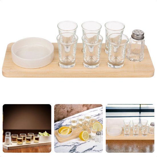 Tequila Serveerset Hout - Tequila Glazen - Shotglazen Set - Inclusief Shotglaasjes en Zoutpotje - 32x12 cm - Inclusief EBOOK