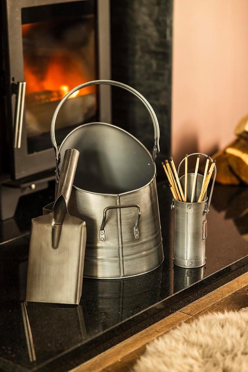 Goedkoopste Metalen Emmer voor Kolenbunker en Coal Shovel - Zilver - Heavy Duty Open Haard Accessoires - Match Canister - Aanmaakhout Emmer - Vuuremmer - Ijzer - Zwart - Huisdecor - As Emmer - 38cm
