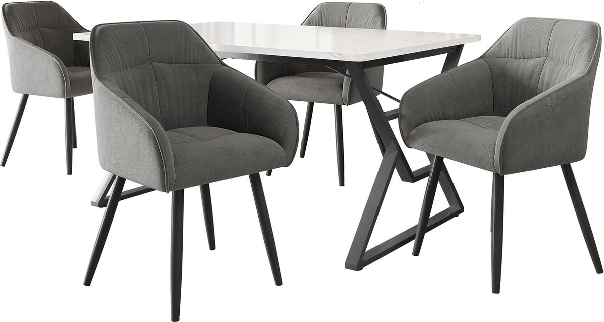 Merax Eettafel en Stoelen Set (5-delig) 119x70 cm Moderne Tafel met 4 Grijze Velours Stoelen en Zwarte IJzeren Poten