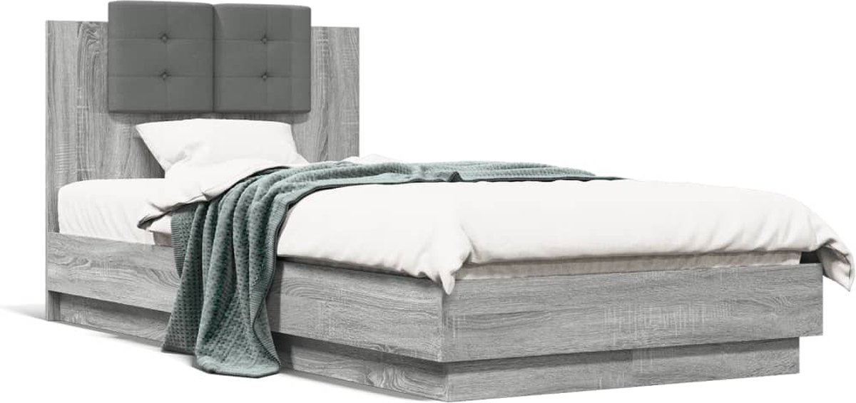 vidaXL - Bedframe - met - hoofdbord - bewerkt - hout - grijs - sonoma - 75x190 - cm