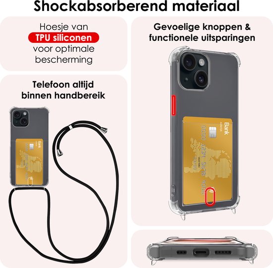 Coque adaptée pour iPhone 15 avec porte-cartes et cordon résistant aux chocs, coque en Siliconen avec cordon de téléphone et porte-cartes – Transparent – ​​Lot de 2