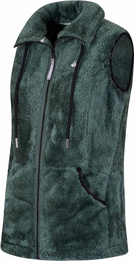 Donkergroene fleece bodywarmer voor dames, met rits, koord en zak.