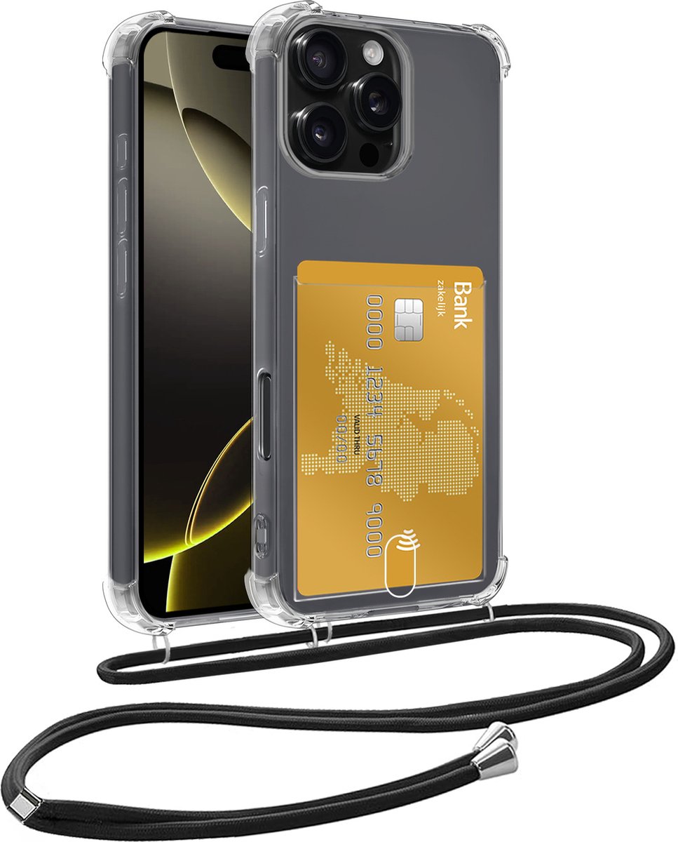 Hoesje Geschikt voor iPhone 16 Pro Telefoonhoesje Met Koord Case Pashouder Siliconen - Hoes Geschikt voor iPhone 16 Pro Hoesje Met Kaarthouder - Transparant