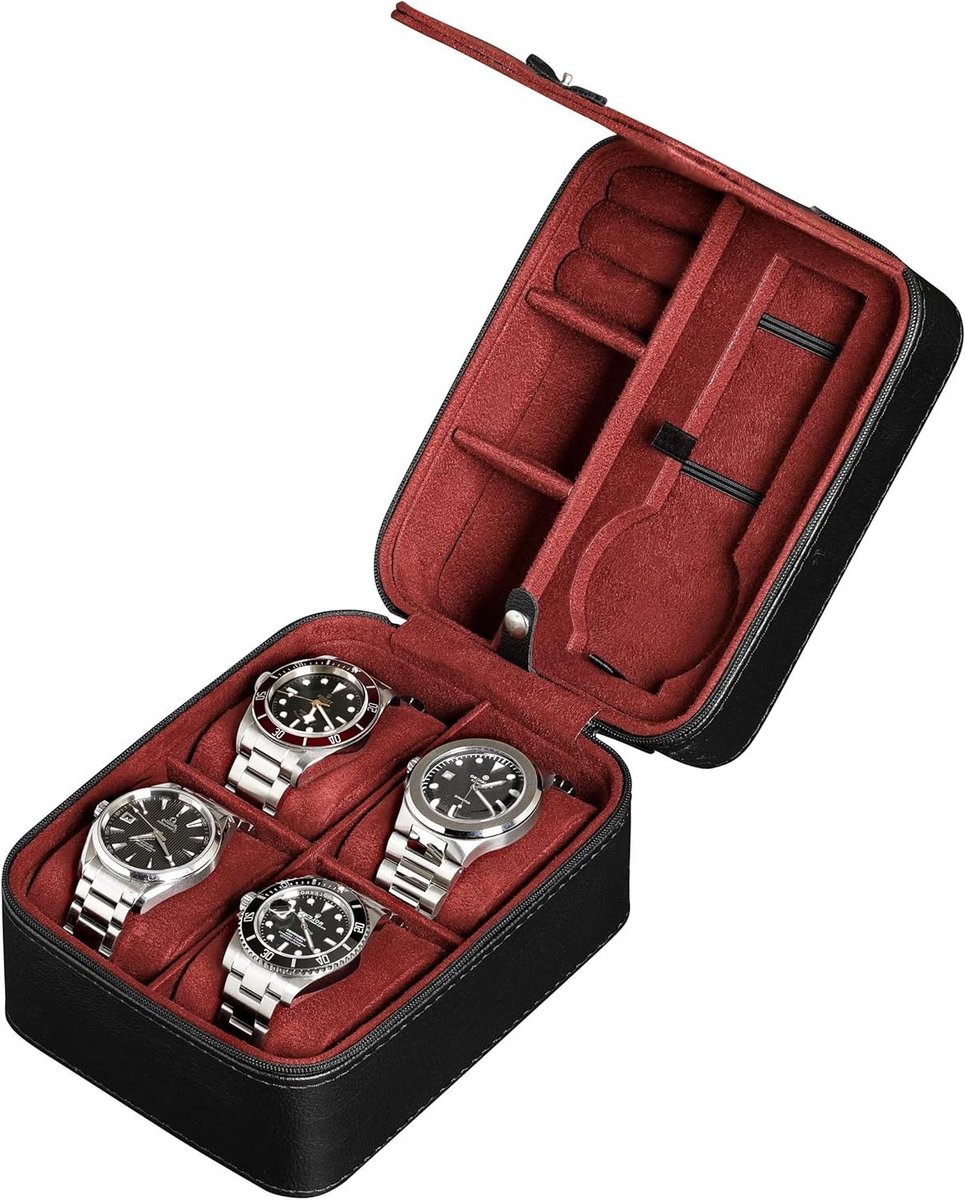 5-horloge Organizer met ritssluiting voor duurzame bescherming - geschikt voor polshorloges tot 50 mm - zwart-rood