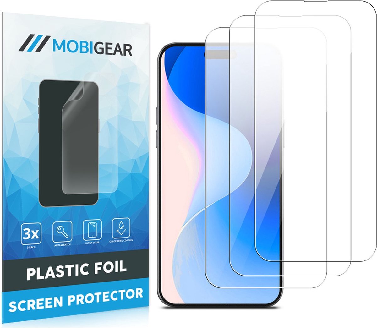 Mobigear Screenprotector geschikt voor Apple iPhone 16 | Mobigear Screenprotector Folie - Case Friendly (3-Pack)