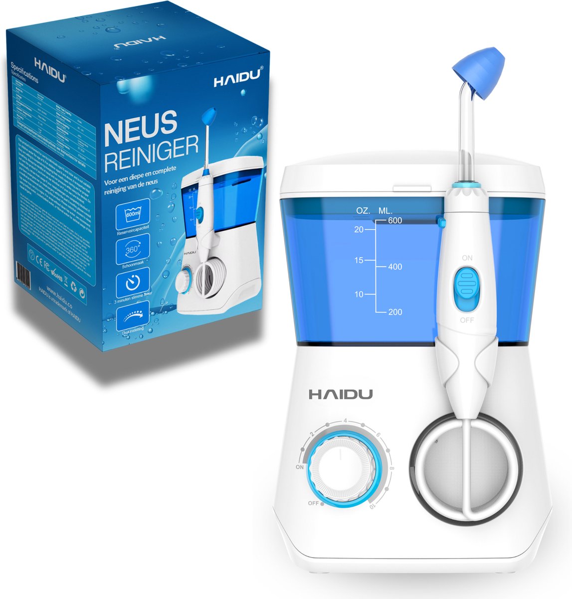 Goedkoopste HAIDU Neusdouche Pro – 10 Standen – 600ml Waterreservoir – 4 Opzetstukken – Neusspoeler effectief tegen Neusverkoudheid, Bijholteontsteking, Hooikoorts, Sinusitis