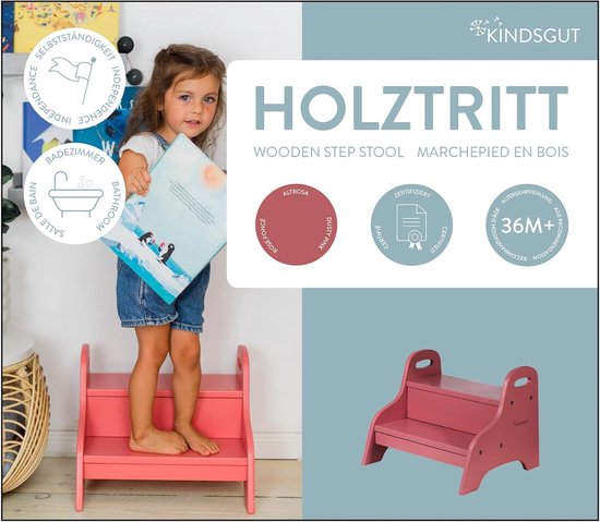 Kindsgut Houten opstapkruk, kruk met 2 treden, ideaal voor kinderen, subtiele kleuren en hoge kwaliteit, milieuvriendelijke en schadelijke materialen, aquamarijn
