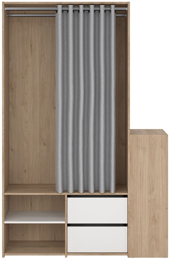 Armoire ouverte Kimmy, avec rideau, 2 tiroirs, meuble à chaussures décor noyer, blanc, rideau gris clair.
