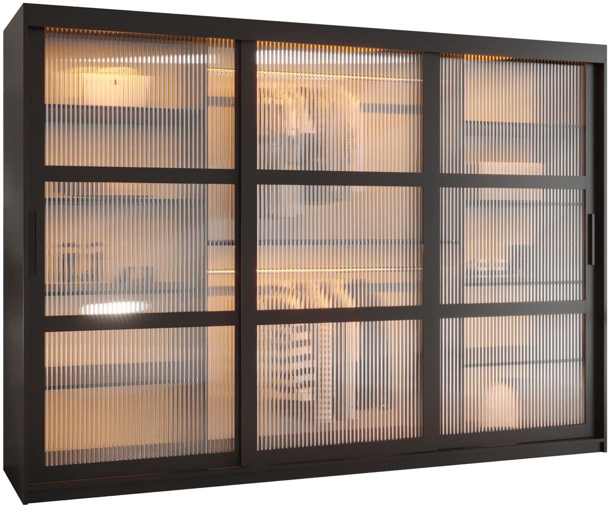 AJE Meubles B.V. Zweefdeurkast Kledingkast met 3 schuifdeuren glanzen slaapkamerkast Kledingstang met planken Garderobekast met geribbeld glas - ARTON (250 cm, Zwart)