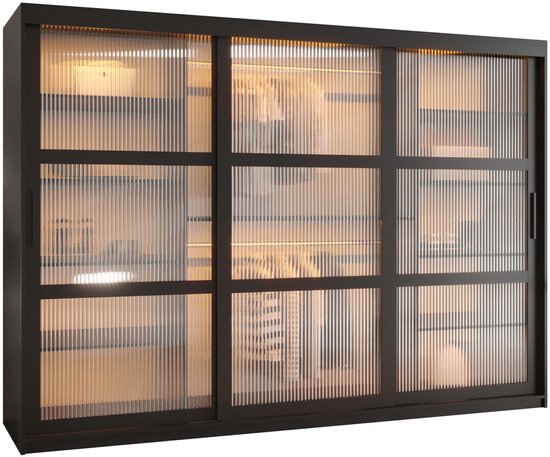Armoire à portes coulissantes Armoire à 3 portes coulissantes Armoire de chambre brillante Tringle à vêtements avec étagères Armoire avec verre strié - ARTON (250 cm, Zwart)