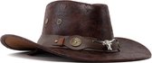 Chapeau de cowboy KIMU en cuir marron Cuir avec tête de taureau - Chapeau Western en cuir marron effet cuir synthétique pour femme et homme - Cowgirl Silver Bull Festival