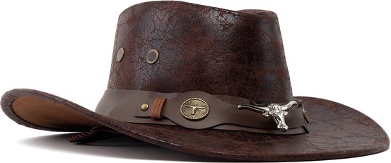 KIMU Cowboyhoed Donkerbruin Leer Stier - Bruine Leren Leatherlook Cowboy Western Hoed Stierenkop Dames Heren - Cowgirl Zilveren Bull Carnaval