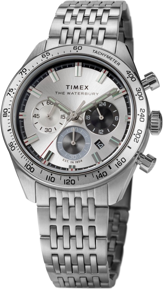 Timex Waterbury Traditional Chronograph Quartz Analoog Horloge Zilveren Toon Kast: 100% Roestvrij Staal | Armband: 100%Roestvrij Staal 41 TW2Y18500AJ, TW2Y18700AJ