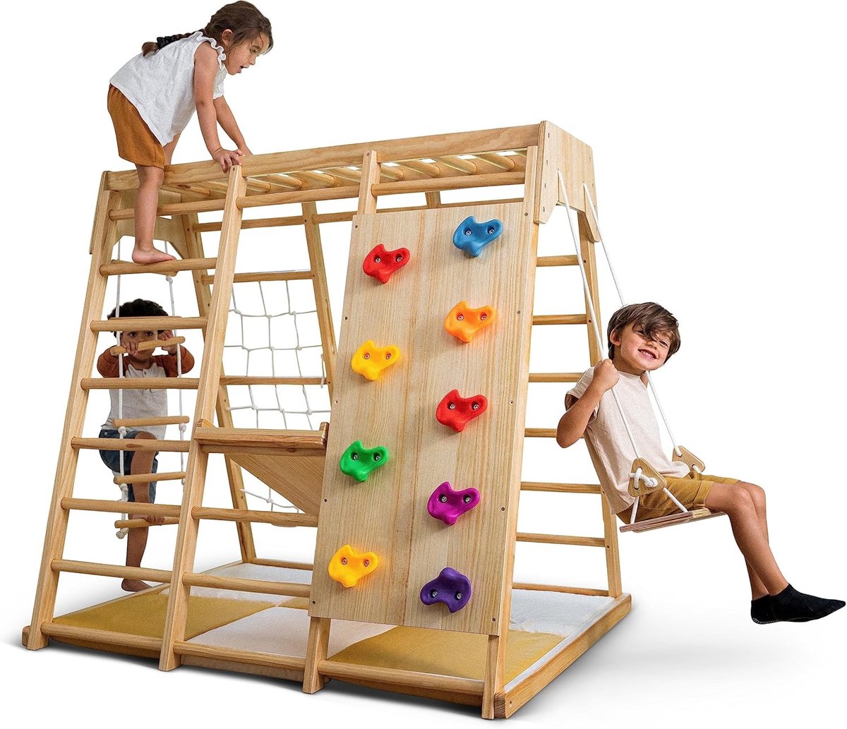 FINOOS 7-in-1 Multifunctioneel houten klimrek - Glijbaan - Pikler - Montessori - Houten Speelgym